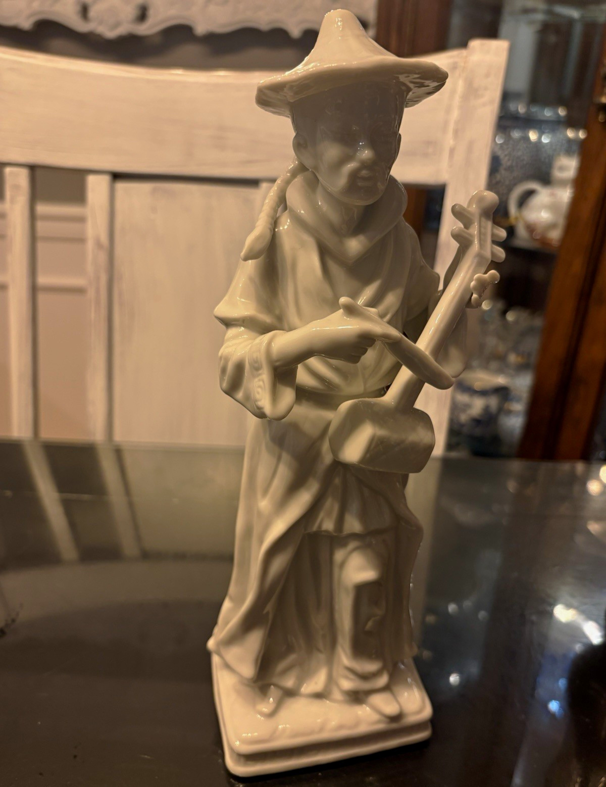White Ceramic Musician Figurine Statue Holding Instrument Glossy 3D Effect