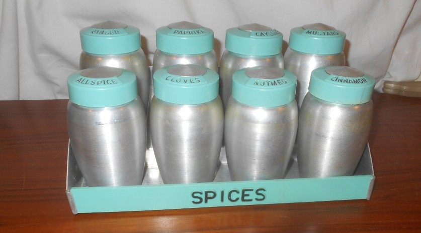 Vintage Kromex 1950s Turquoise Aluminum Spice Rack w. 8 Spice Containers