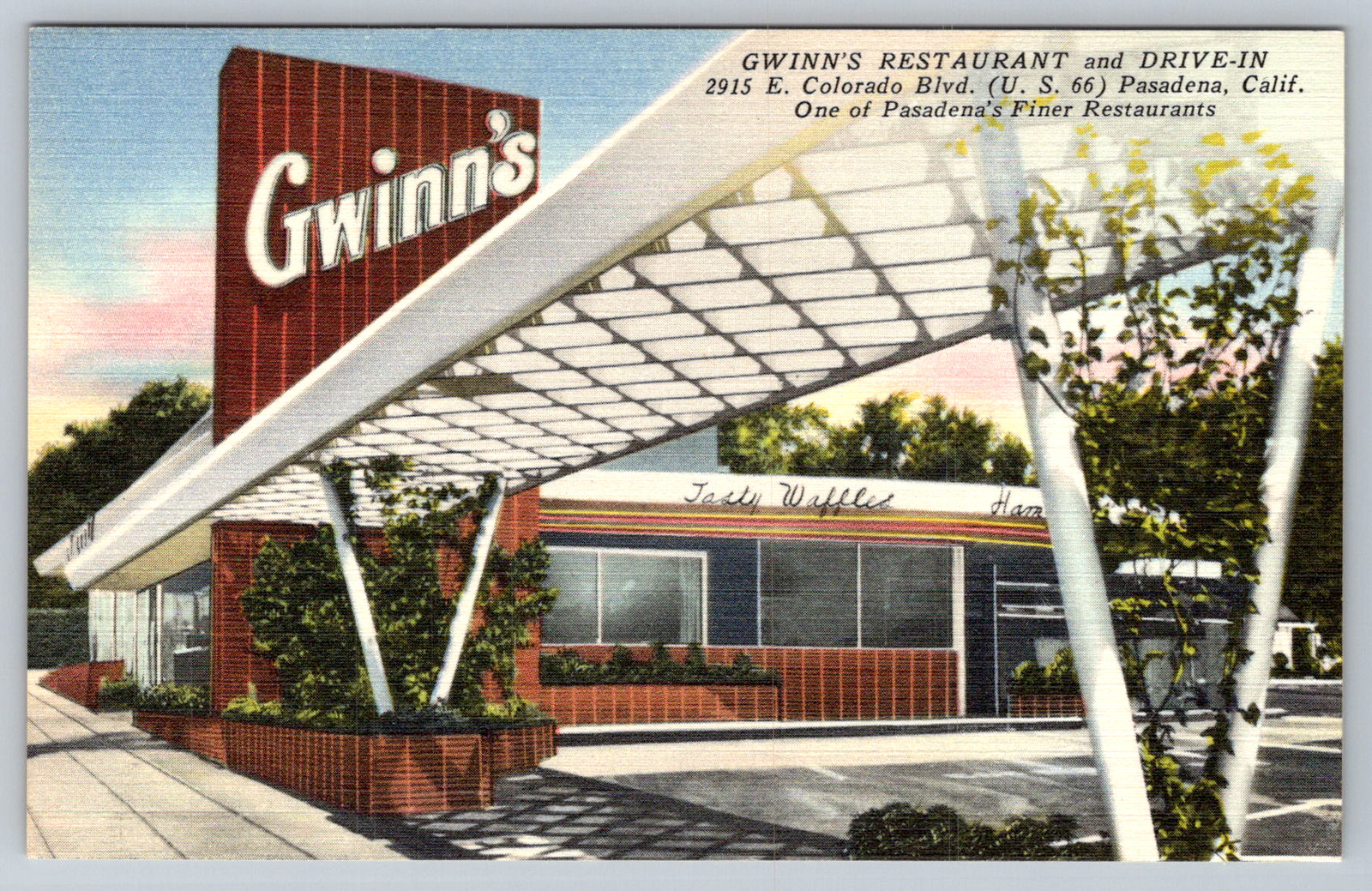 c1940s Gwinn's Restaurant Drive-In Pasadena California Postcard