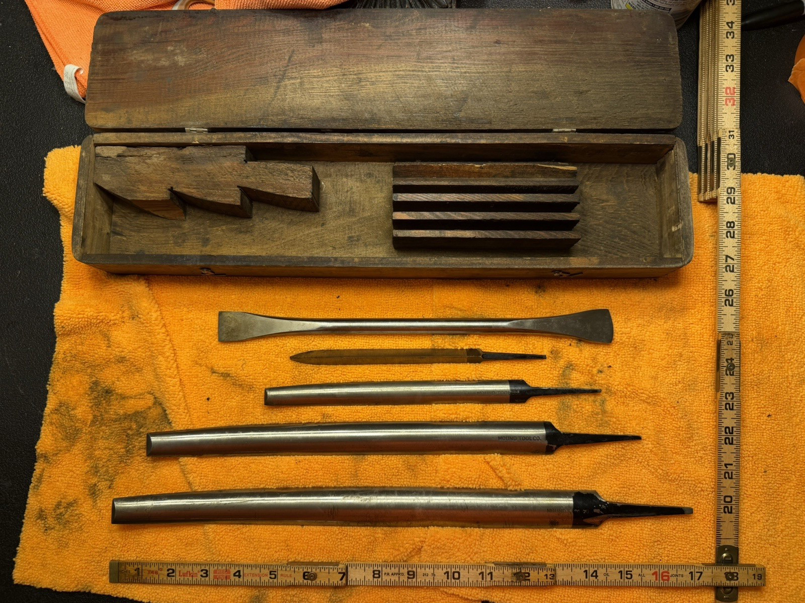 Antique Vintage Mound Tool Co. Babbitt Bearing Scraper Set Machinist Wood Box