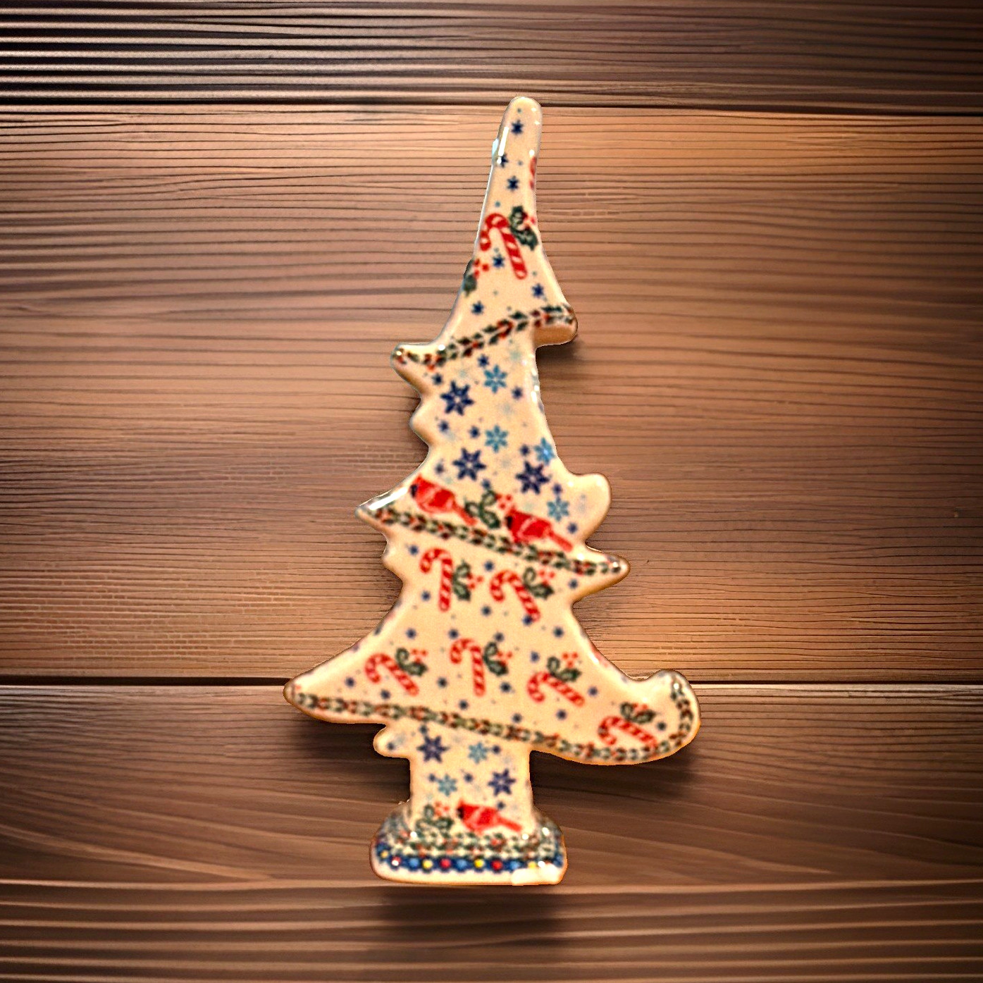 Polish pottery  Christmas Tree Figurine Decorated Candy Cane & Holly 11.5\