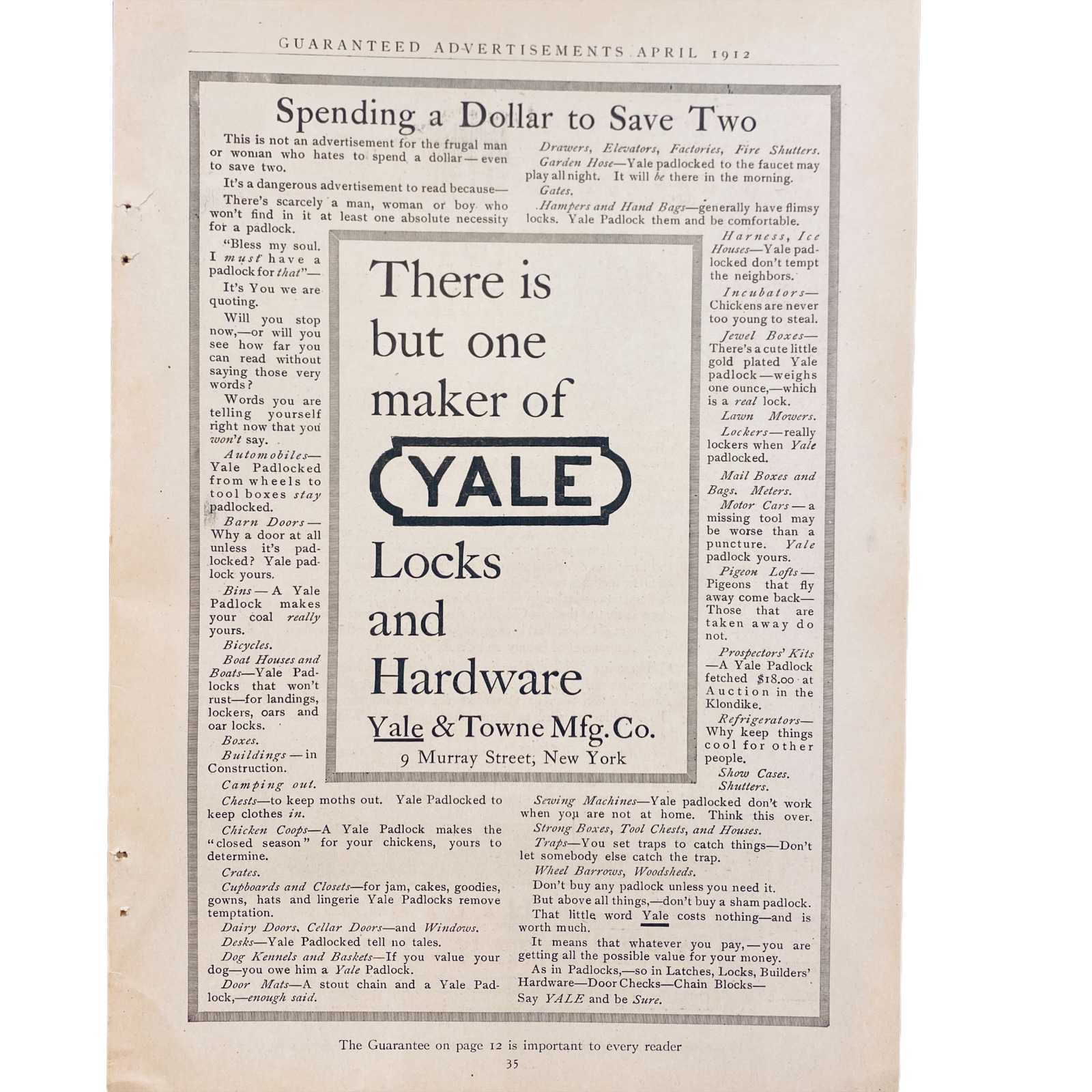 1912 Vintage Original Print Ad, Yale Locks & Hardware, Good Housekeeping