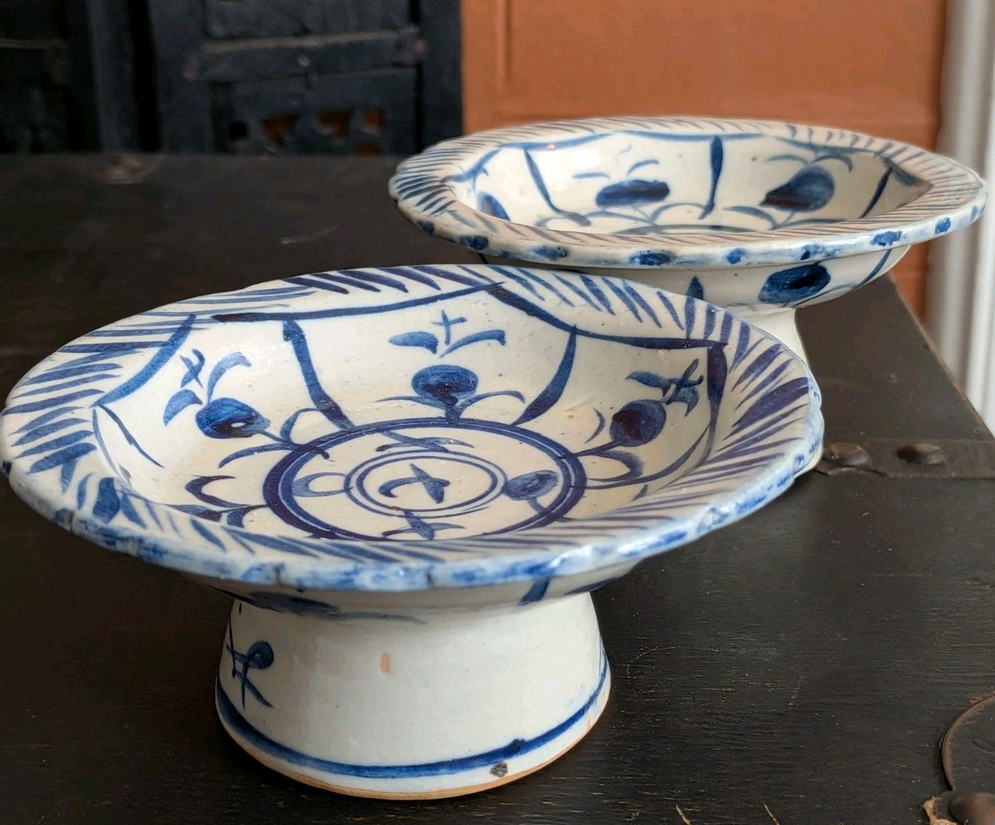 Vtg Vietnamese Offering Bowl Pair Blue Painted Pedestal Bat Trang Pottery Set