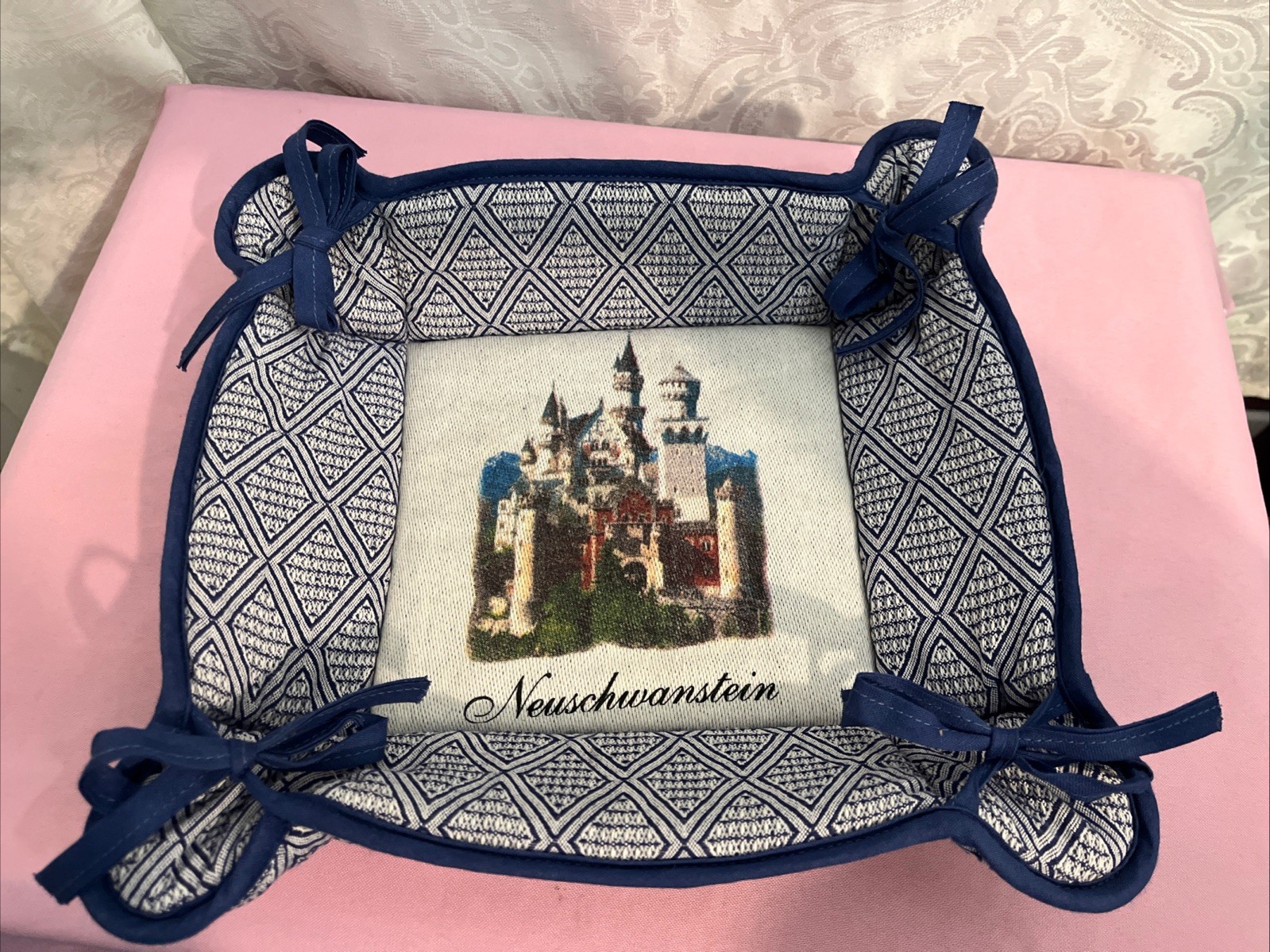 Neuschwantein Castle Bavaria Germany Blue & White Diamond Foldable Bread Basket