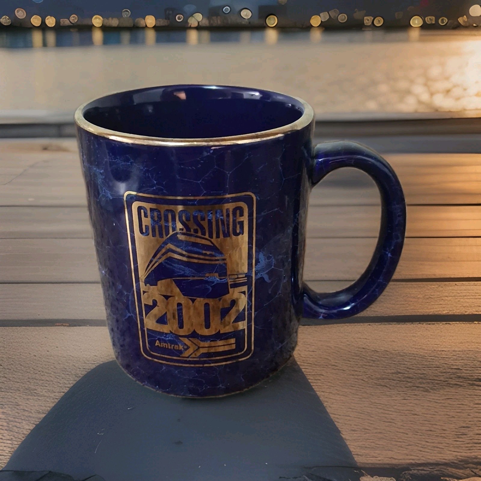 Rare Vintage Blue Amtrak Train 2002 Coffee Mug Ceramic Gold Rim Trim Logo