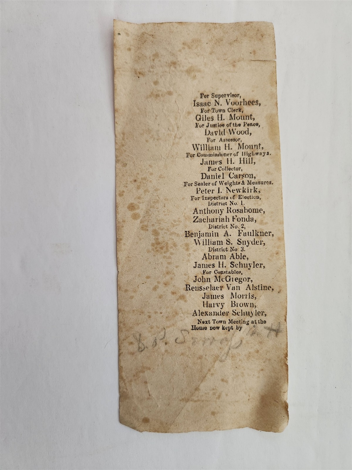 1850s antique ELECTION TICKET glen ny HISTORY voorhees wood mount carson newkirk