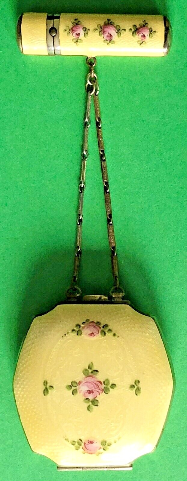 VINTAGE Marathon Yellow ENAMEL Hand Painted Pink Roses Lipstick TANGO COMPACT