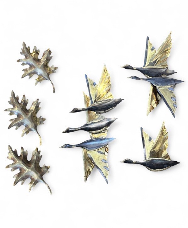 VTG 60s MCM Brutalist Mixed Metal Wall Art Set - 3 Flying Geese & 3 Oak Leaves