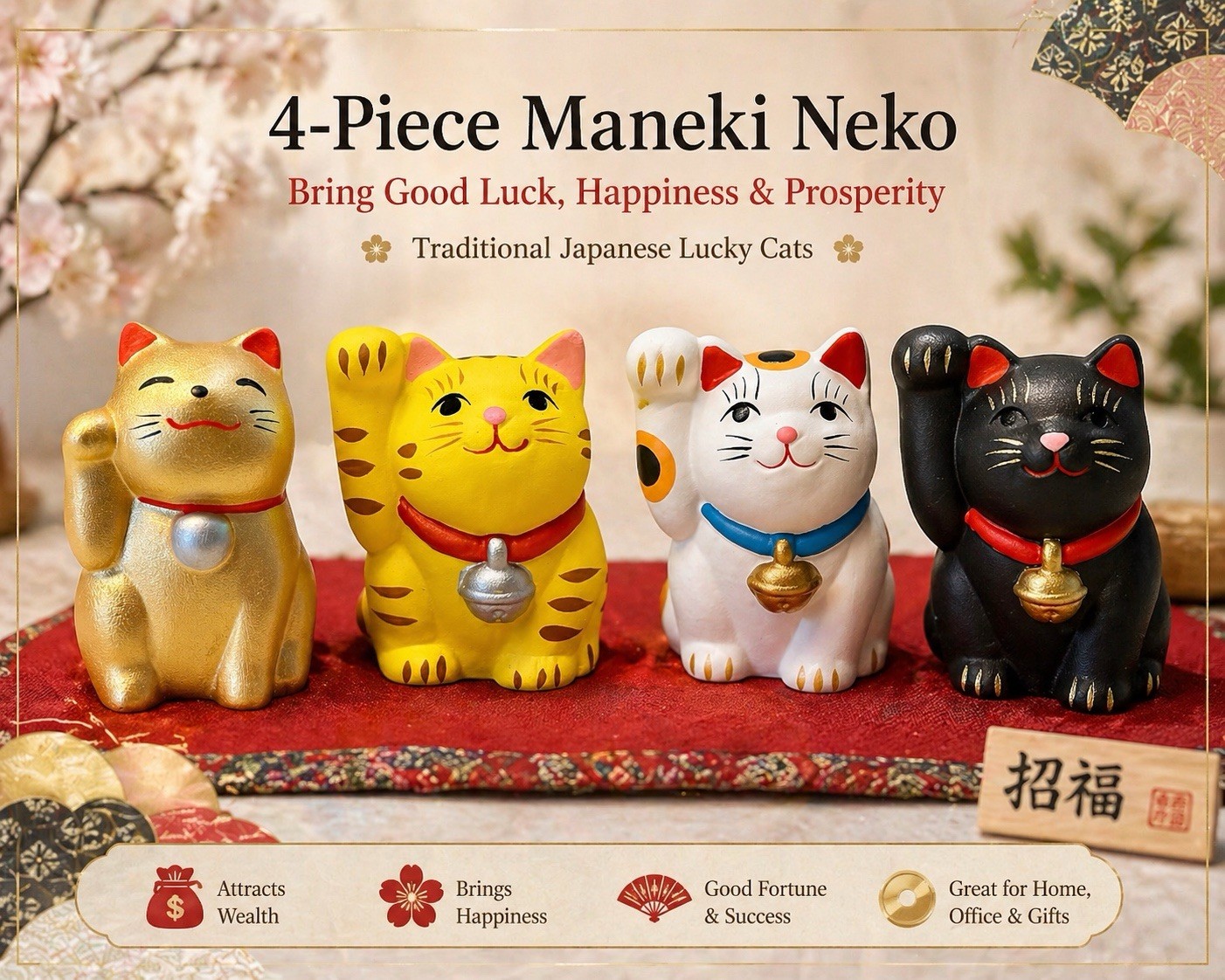 Maneki Neko Lucky Cat Mini Figurines 4pcs Set with 4-Language Omikuji