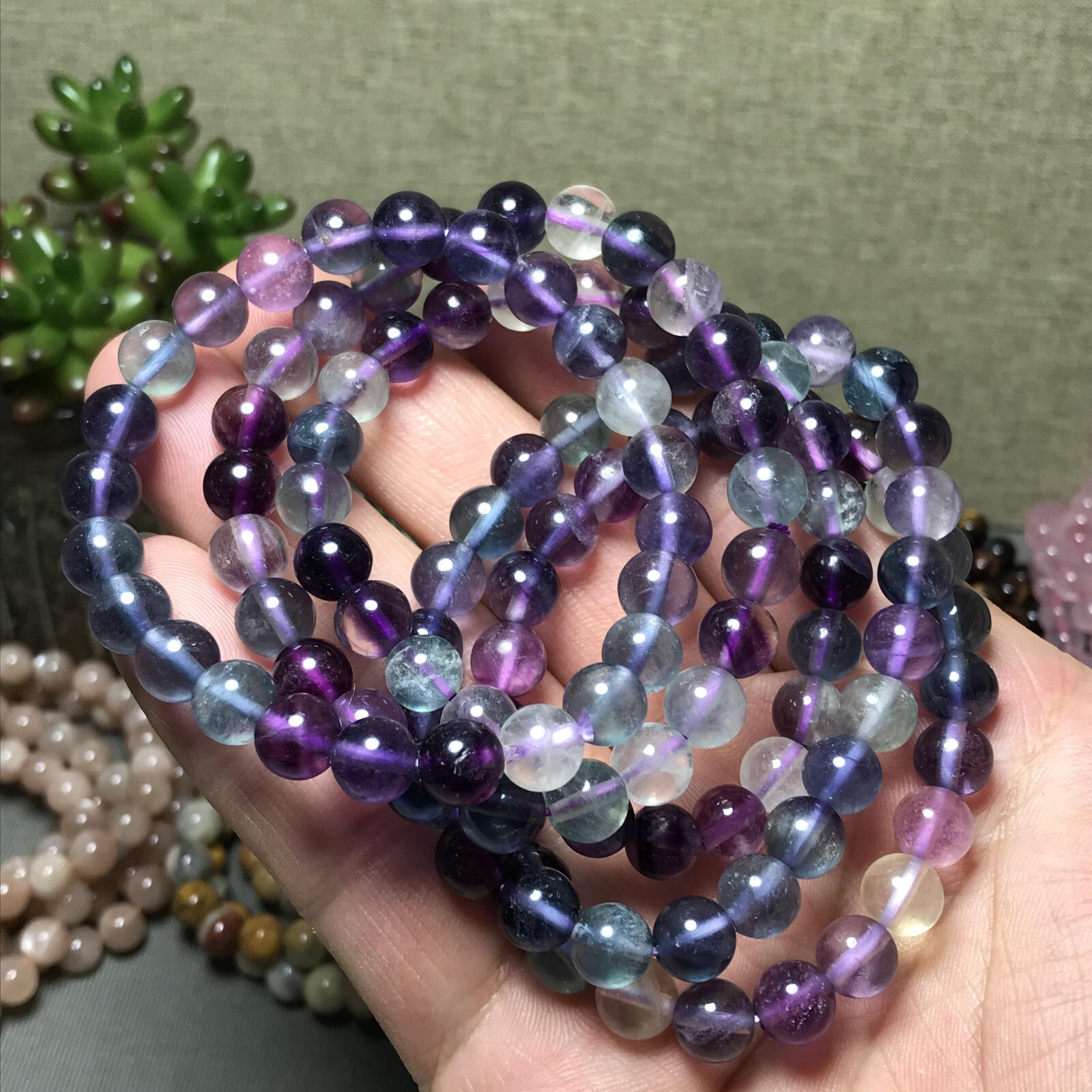 5Pcs Wholesal Natural Polish Rainbow color Fluorite crystal bracelets ball 8mm
