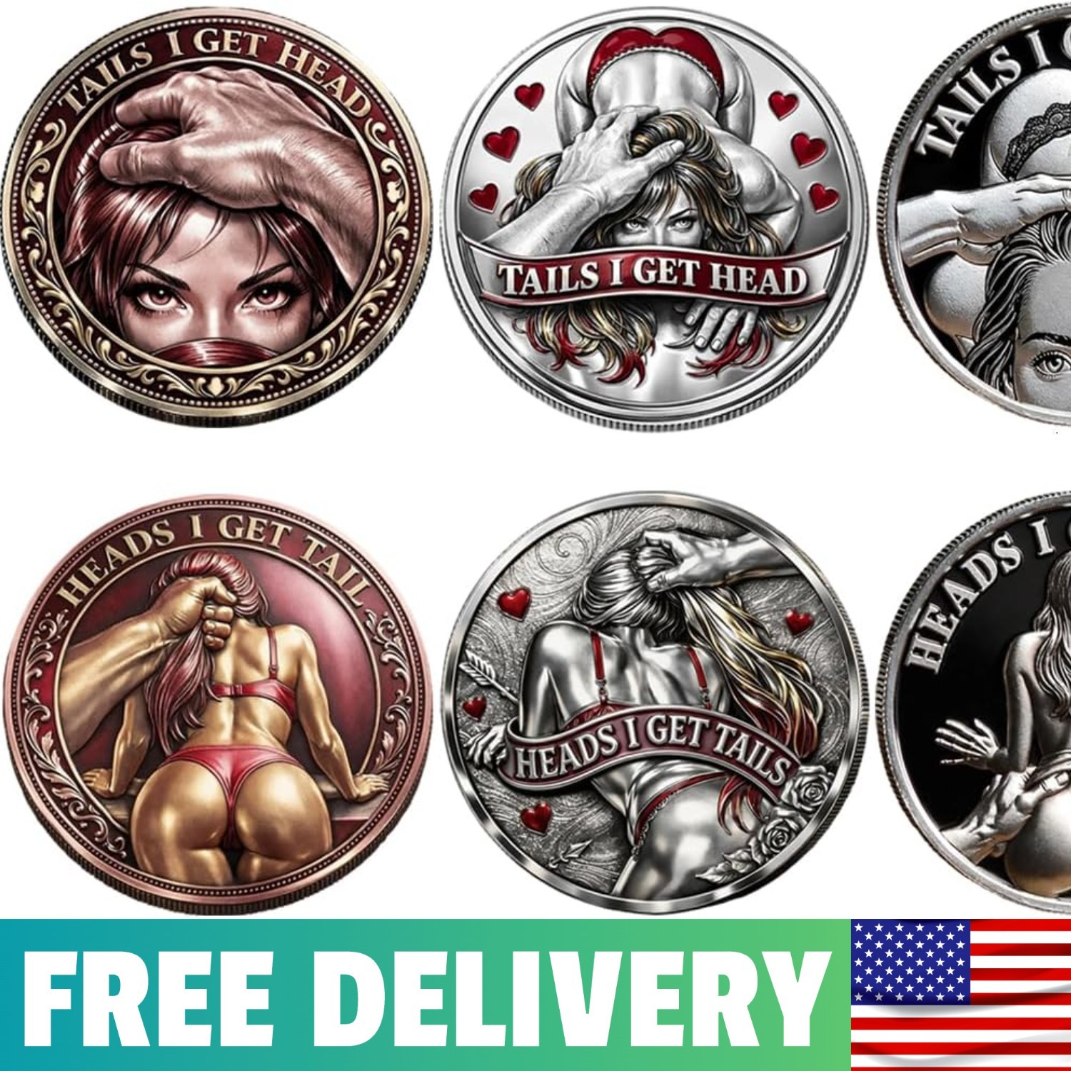 3PCS Heads I Get Tail Coin, Tails I Get Head Coin, Funny “Heads or Tails” Novelt