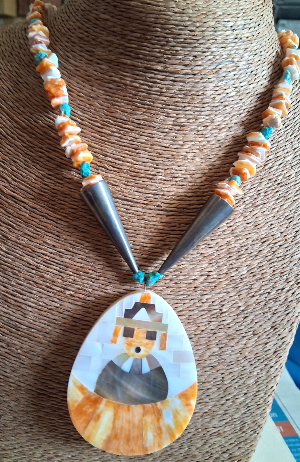 Orange Spiny Oyster Square Cut Beads w/turq Nuggets & Large Overlay Focal Bead