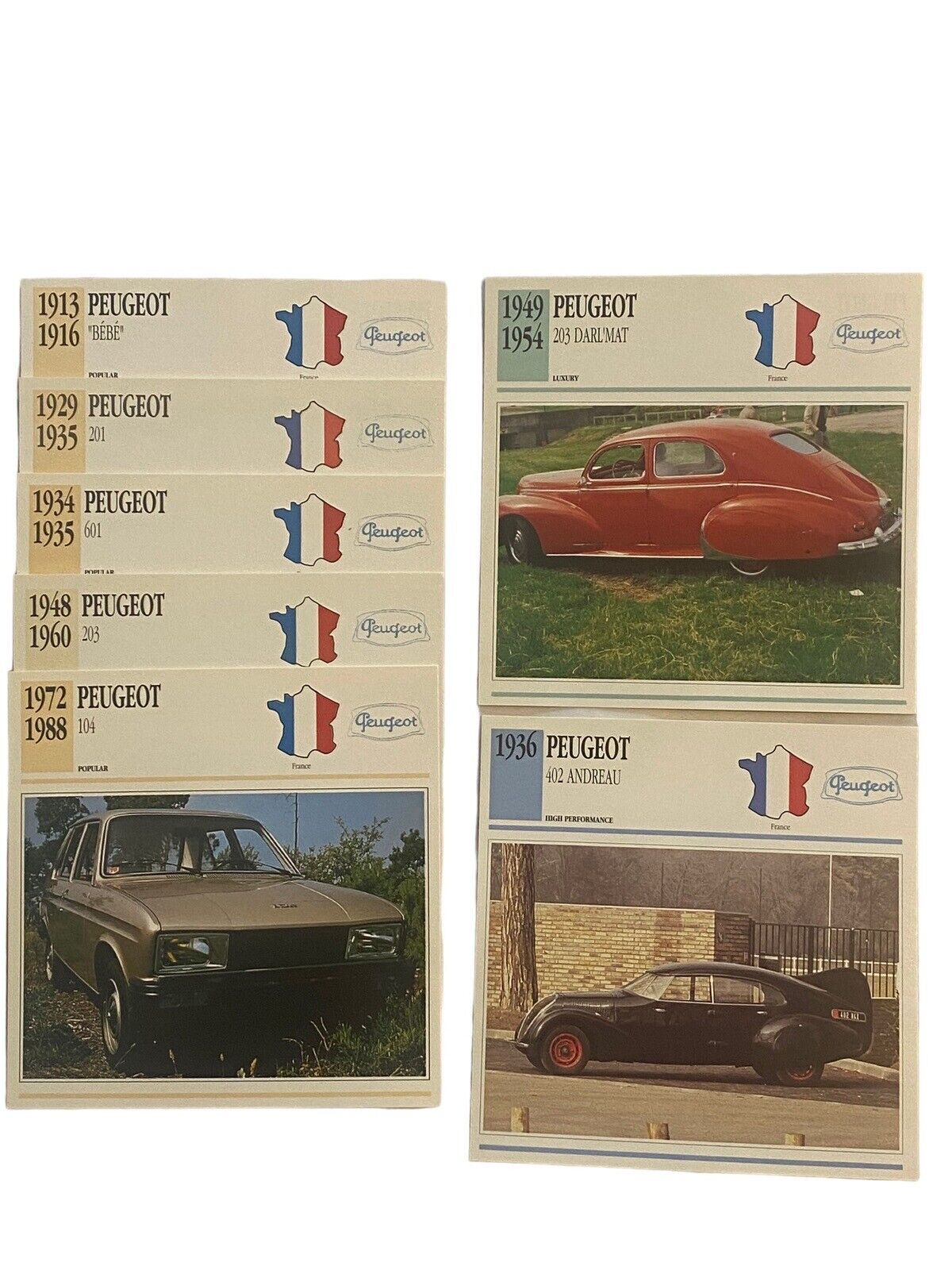 7- Peugeot Cars France Photo Spec Cards 1991 Popular Luxury High Performance Vtg