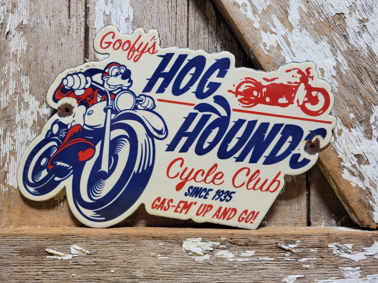 VINTAGE GOOFY PORCELAIN SIGN OLD HOG HOUNDS CYCLE CLU  MOTORCYCLE DISNEY CARTOON