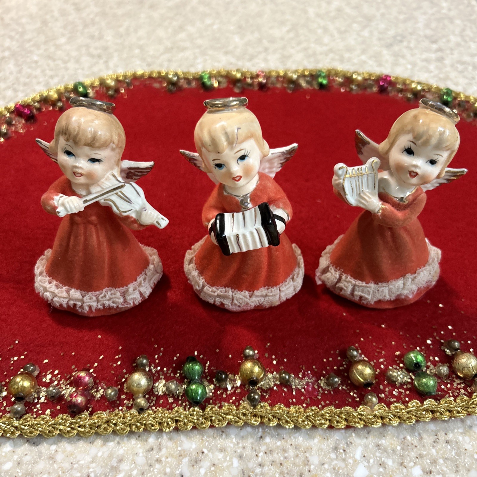 3 vintage 1950s NOEL CHRISTMAS ANGELS Musicians Ceramic Japan 4 1/2”