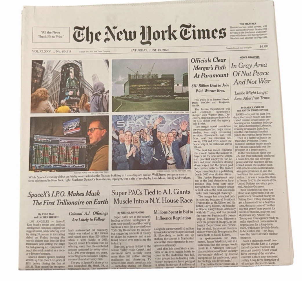 The New York Times Newspaper June 13 2026 SpaceX's IPO Makes Musk Trillionaire