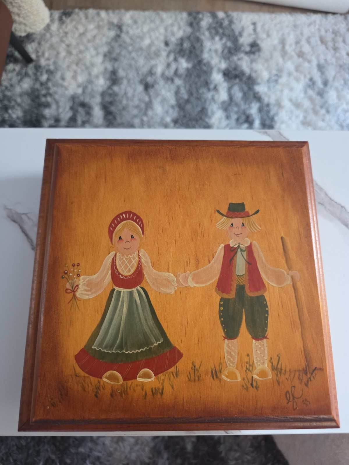 Vintage Hand Painted Wooden Folk Art Box Keepsake Jewelry Valet Boy Girl