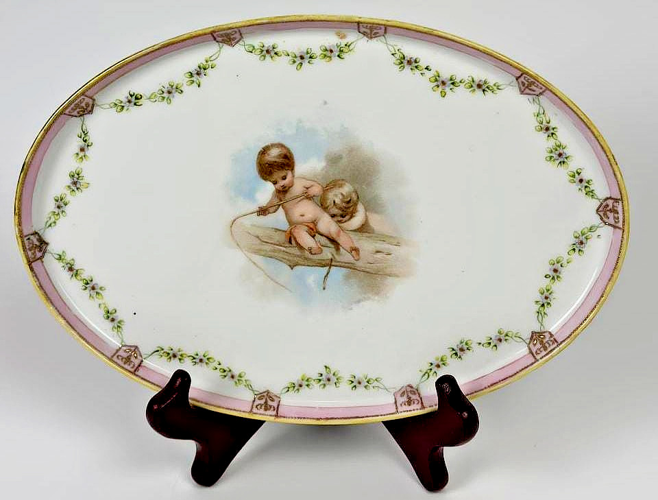 Antique Nippon Hand Painted Cherub Dresser Tray Moriage Gold Oval 10.75\