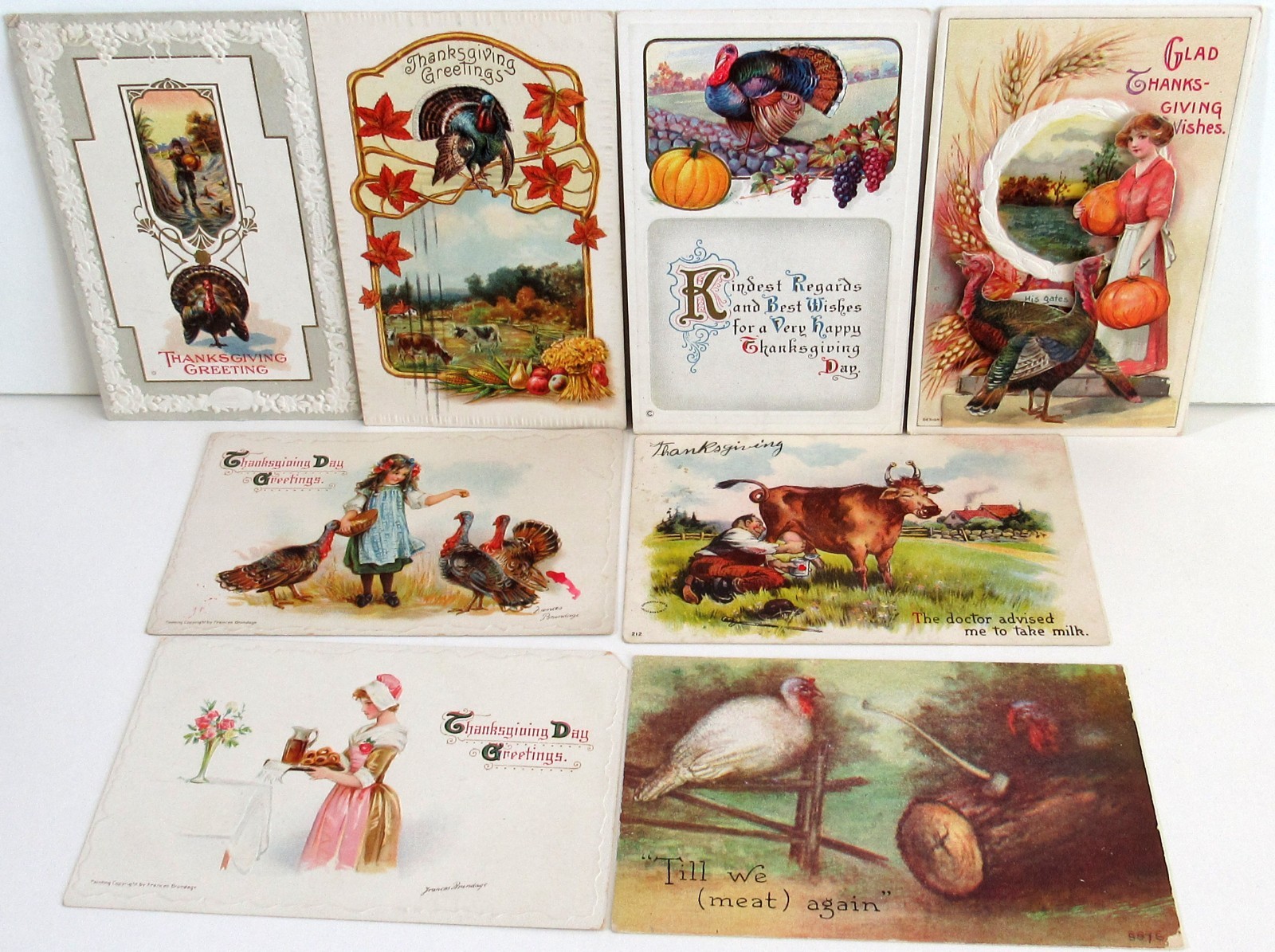 8 Antique Thanksgiving Post Cards - Early 1900\'s - 6 Embossed - 