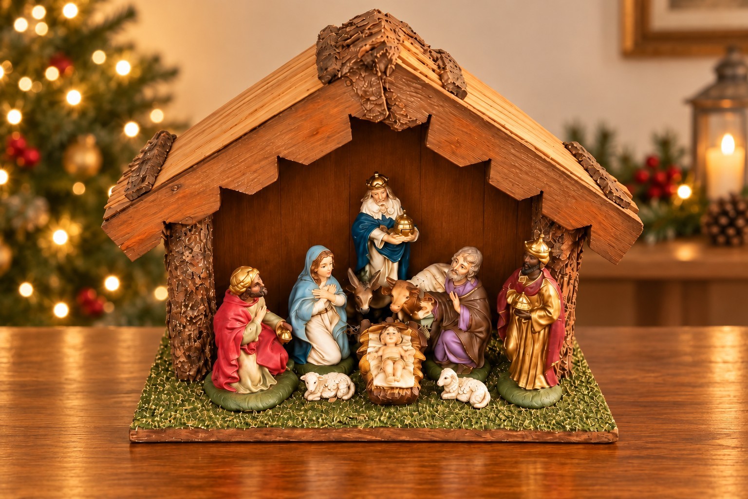 Vtg Nativity Set Christmas Static Figurines Wood Stable Creche 11x14x7 Italy
