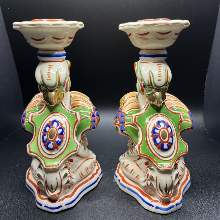 Pair Vintage Faience Dragon Candlesticks Hand Painted Figural Candle Holders