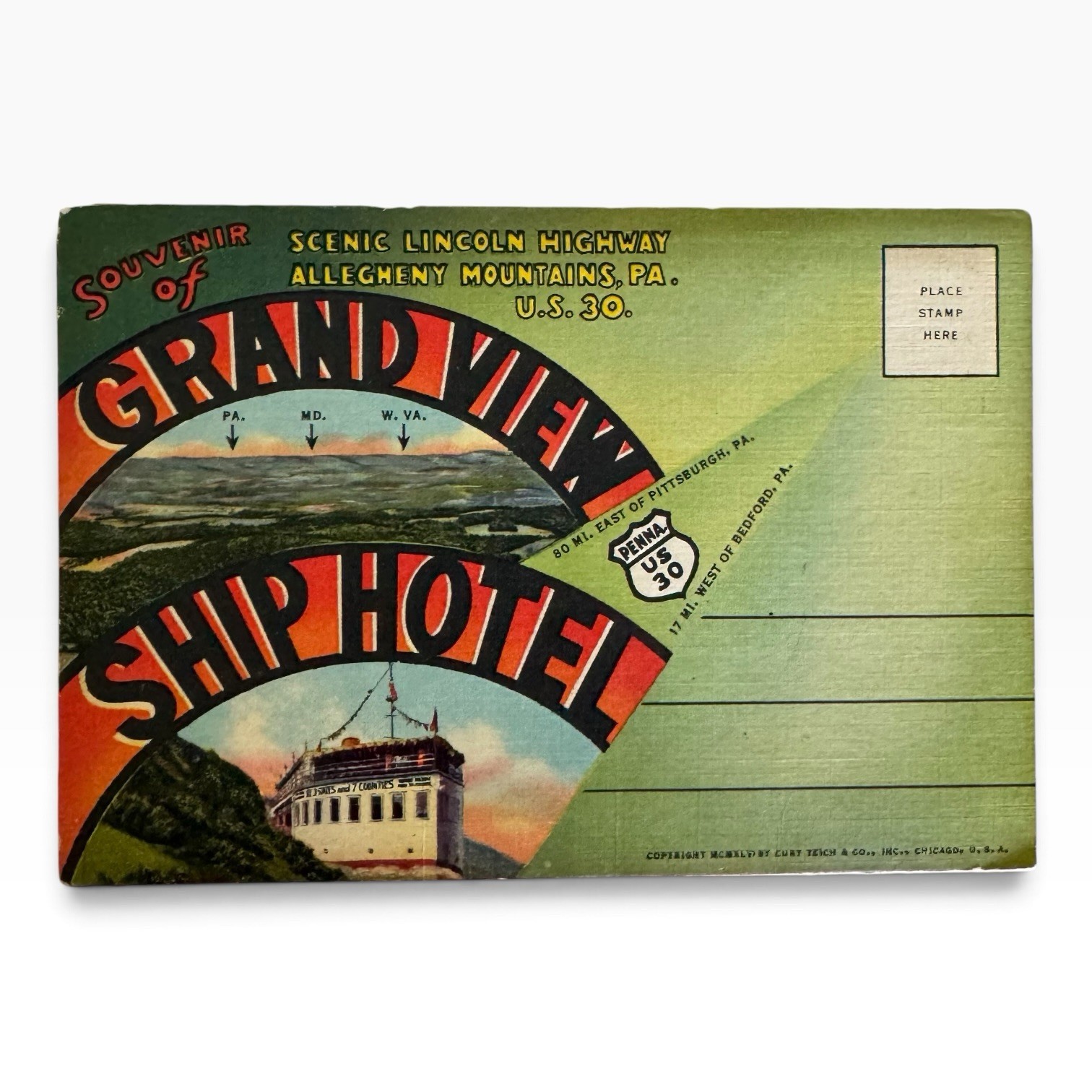 Vintage 1946 POSTCARD FOLDER Lincoln Highway Souvenir Fold Out Historic Scenic