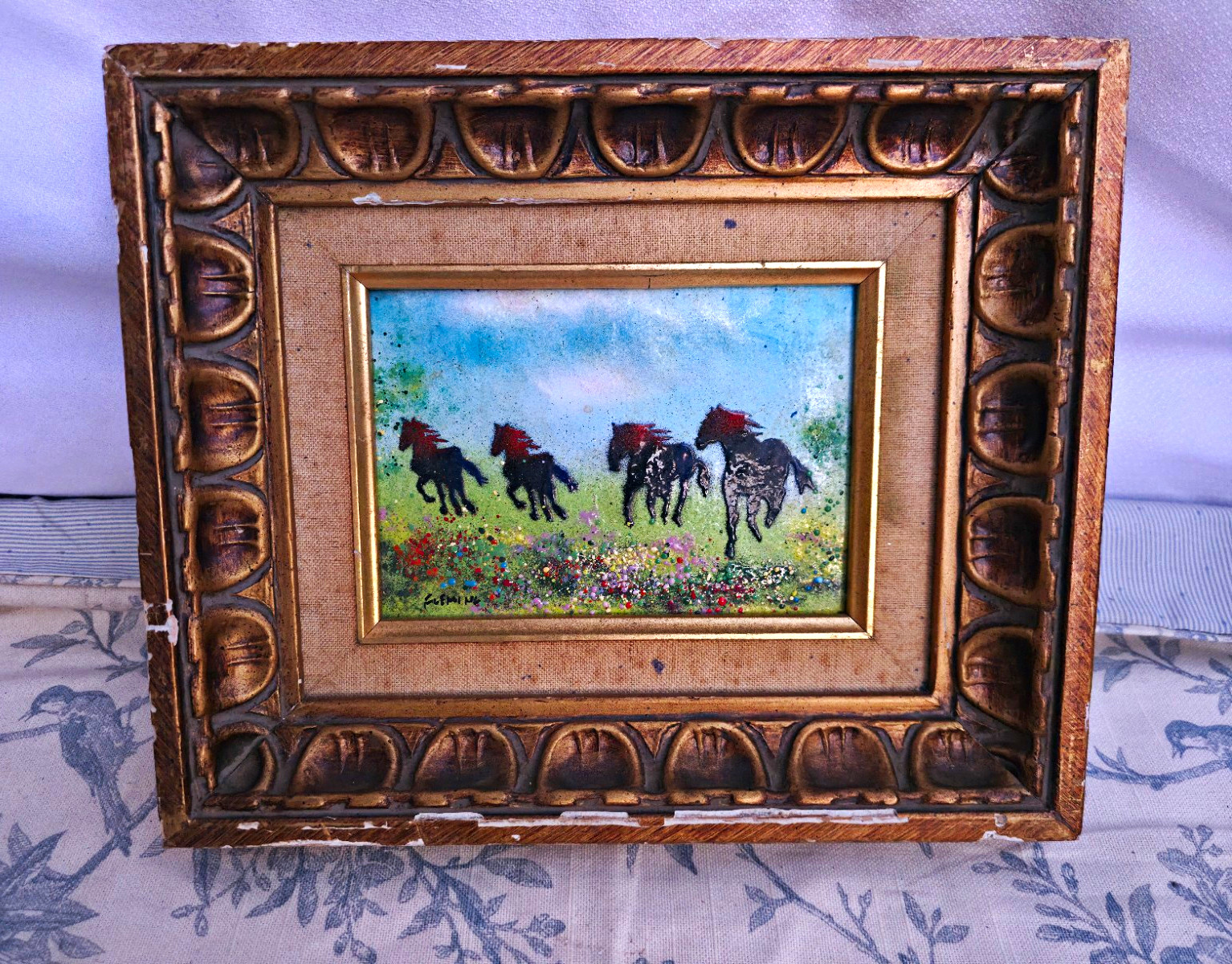 Vintage Fleming Enamel on Copper Galloping Horses Painting Framed 5x7