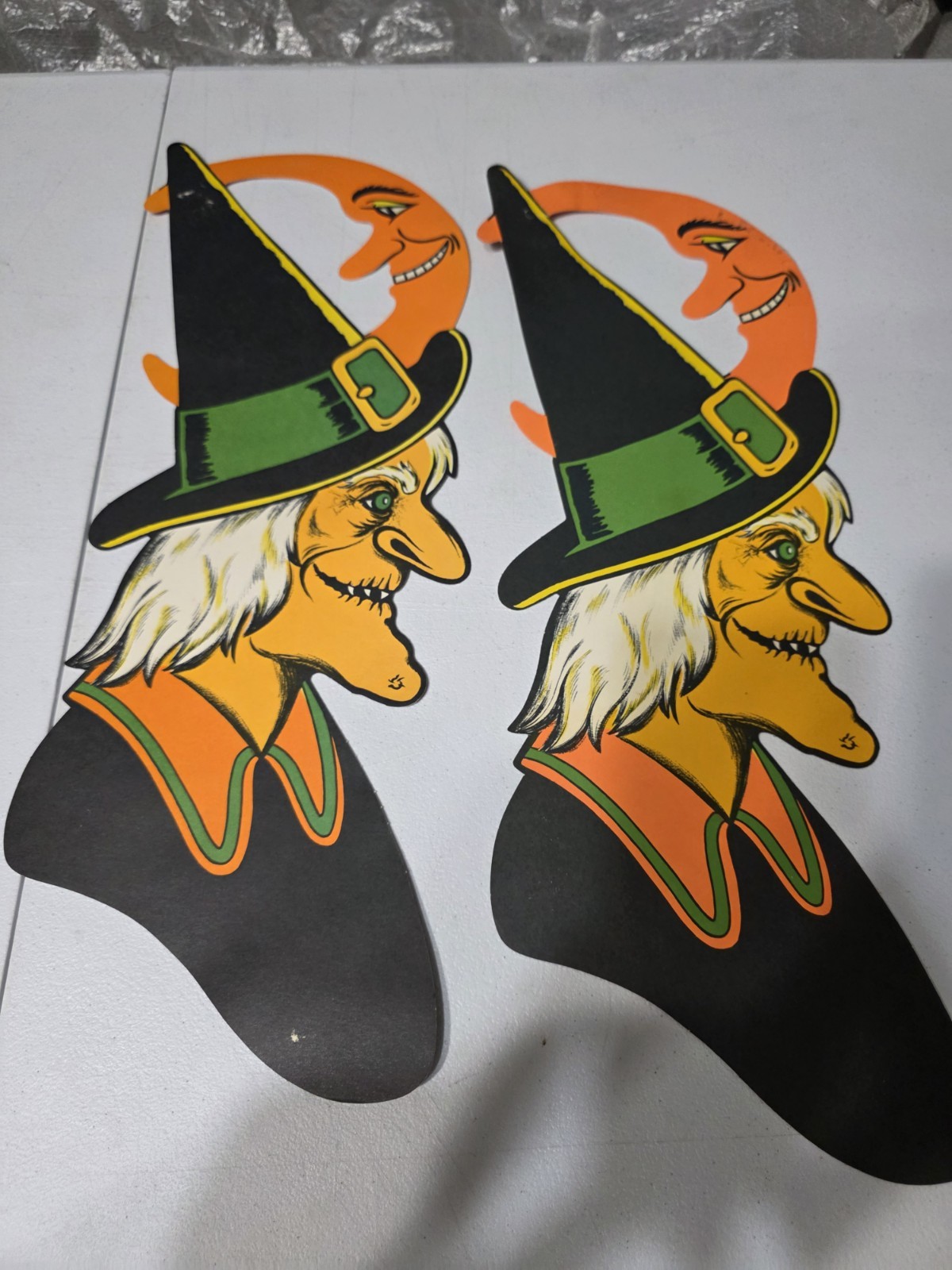 Vtg Large Biestle 1970s Halloween Die Cut Sign Witch Face Moon Graphic USA pair