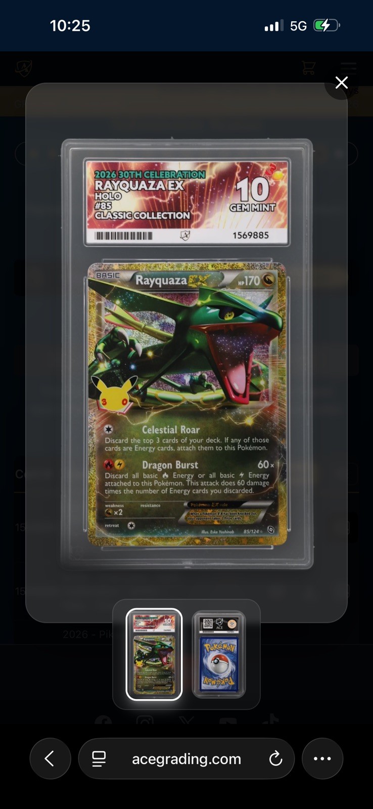 ACE Perfect Sub Grades 10 Rayquaza EX 85/124 30th Celebration Gem Mint Pokemon