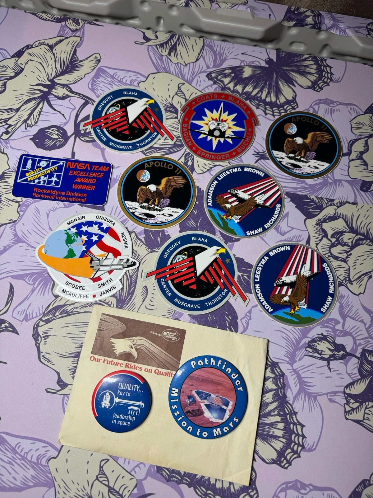 Vintage NASA Rockwell Memorabilia Lot 2 Pins 9 Stickers Apollo 11 Shuttle 1990