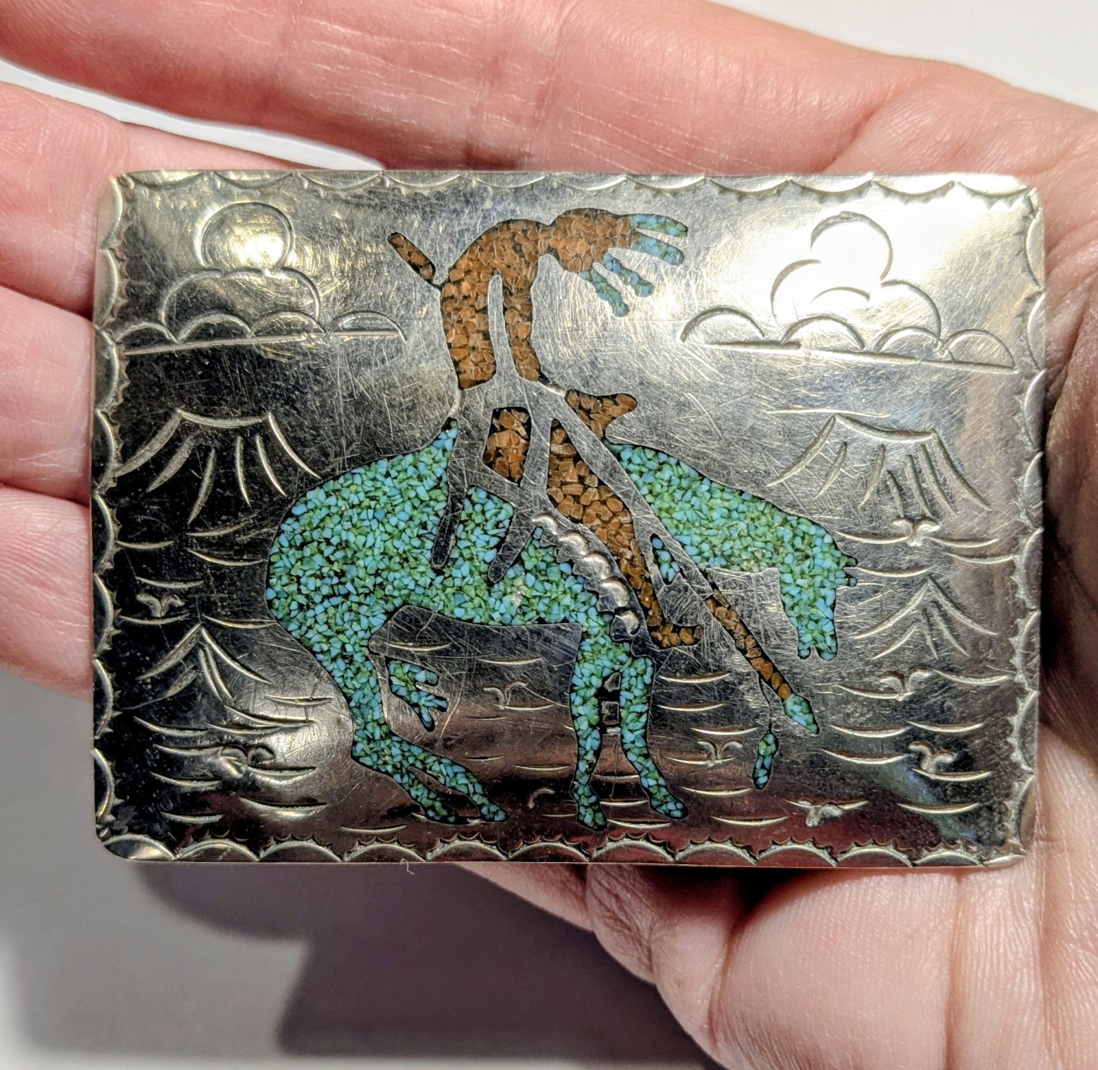 End Of The Trail Belt Buckle Turquoise Inlay Western Vintage