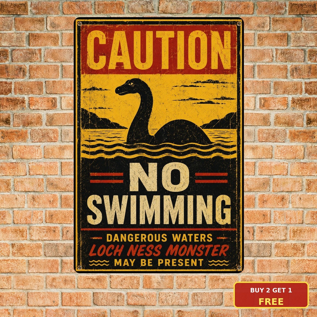 Caution Swimming Loch Ness Monster Lake Hazard Warning Notice Metal Sign 8x12