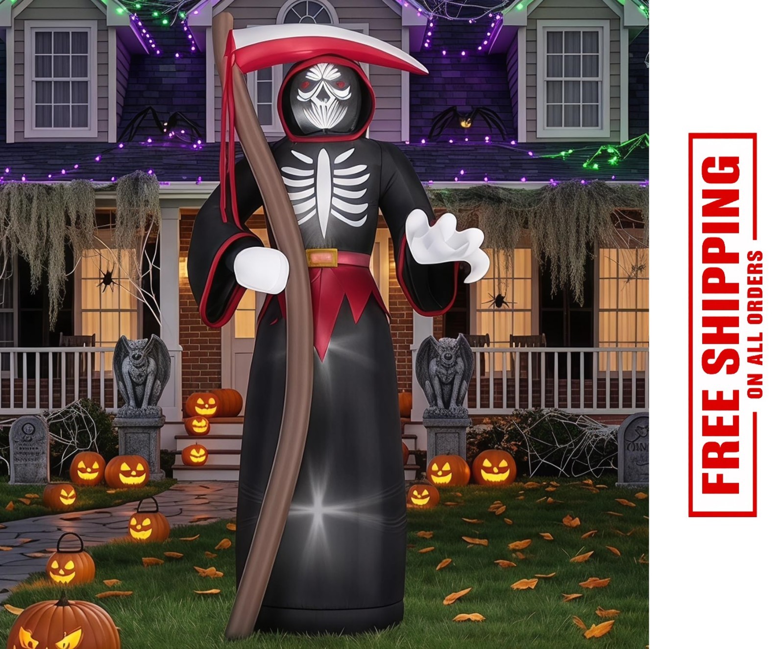 8FT Halloween Inflatables Outdoor, Giant Grim Reaper Blow up Yard Decor