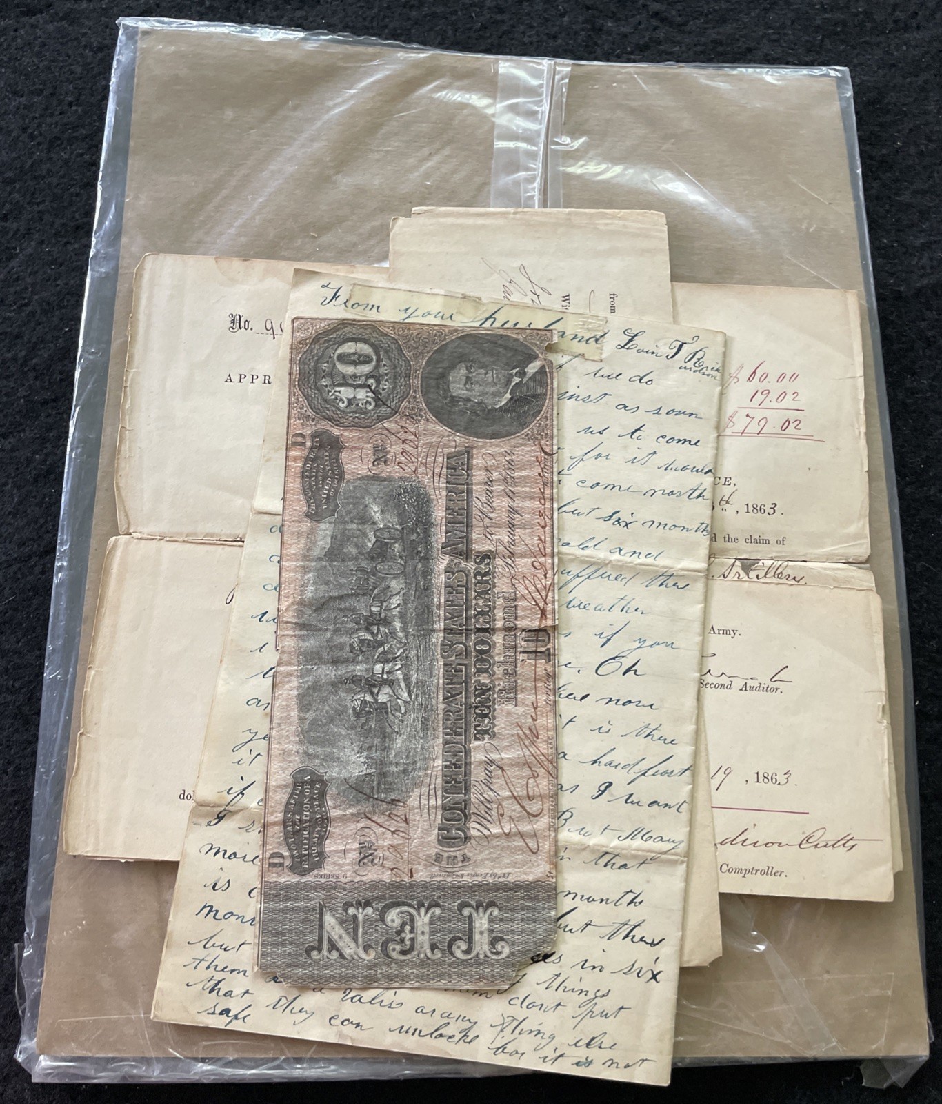 Civil War Soldier Letter 1863, Confederate $10 Note, & Army Appropriation Docum.