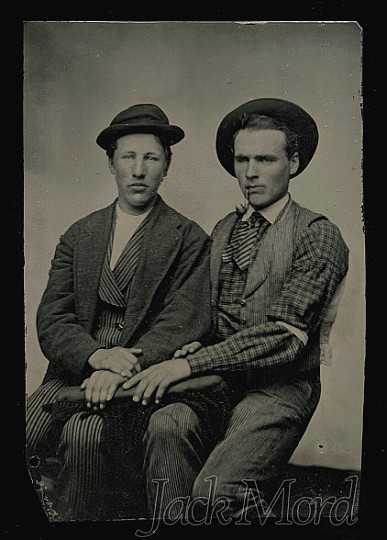 Two Men Friends Sharing a Chair One Smoking Pipe Antique Tintype Photo 1800s