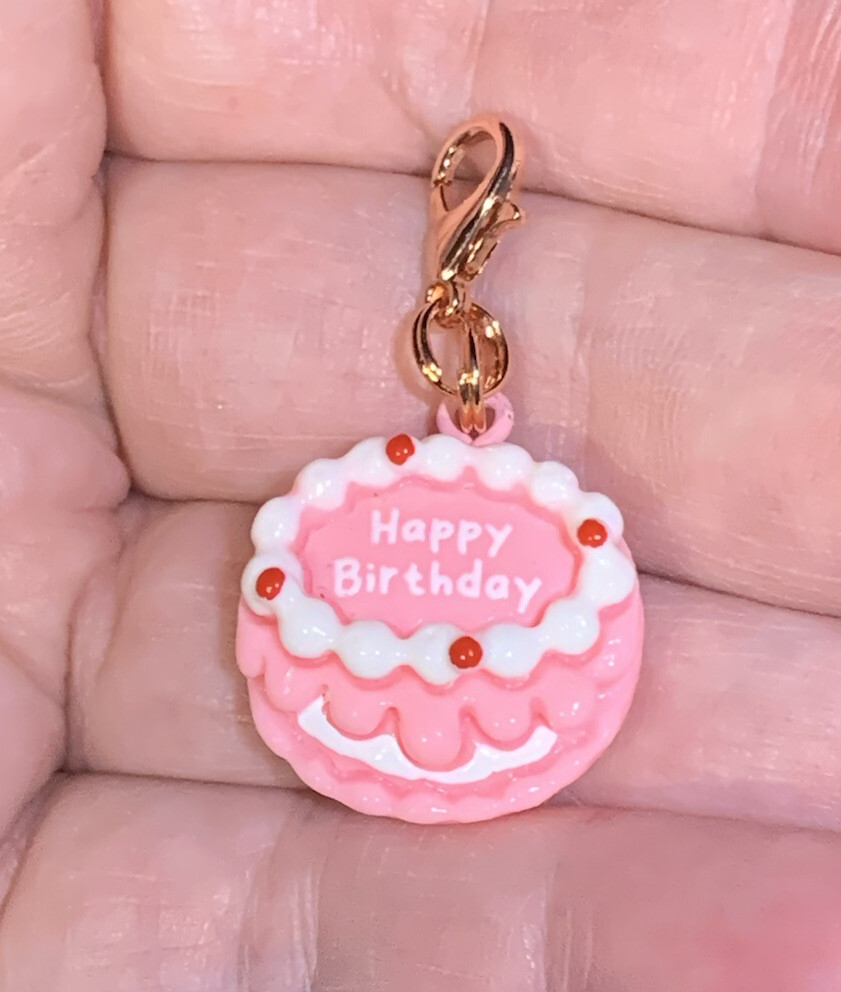 Pink Happy Birthday Cake Charm Zipper Pull & Keychain Add On Clip
