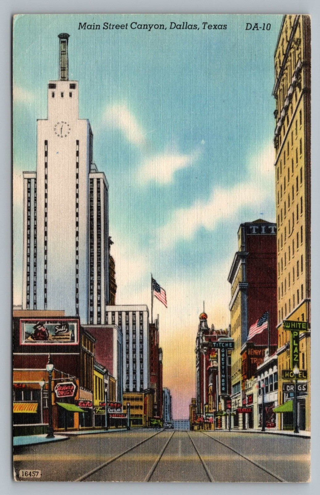 Dallas TX Main Street Canyon White Plaza Hotel Titche Goettinger Drug PC Vtg D8