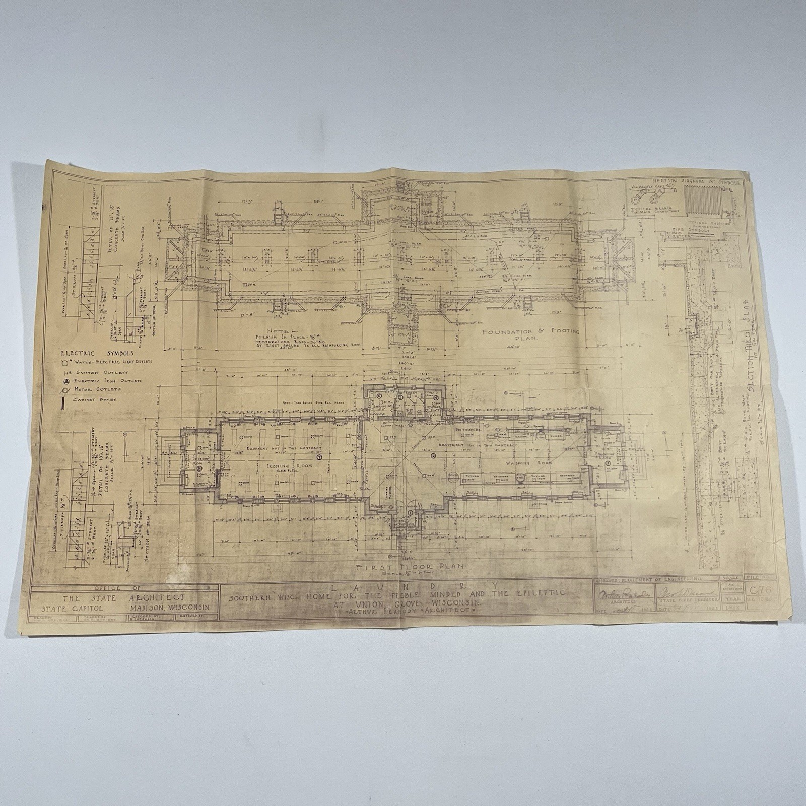 Antique 1922 Architectural Blueprint Wisconsin State Hospital Laundry Rare Clean