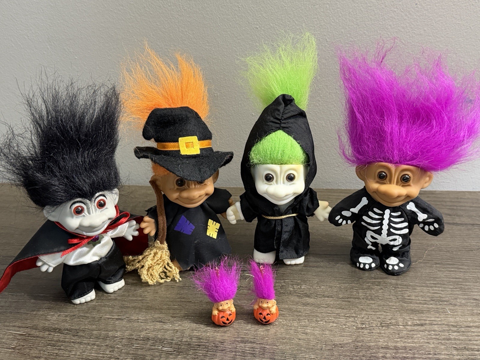 Vintage Russ Halloween Troll Dolls - 4 Witch Vampire Reaper Skeleton + Earrings