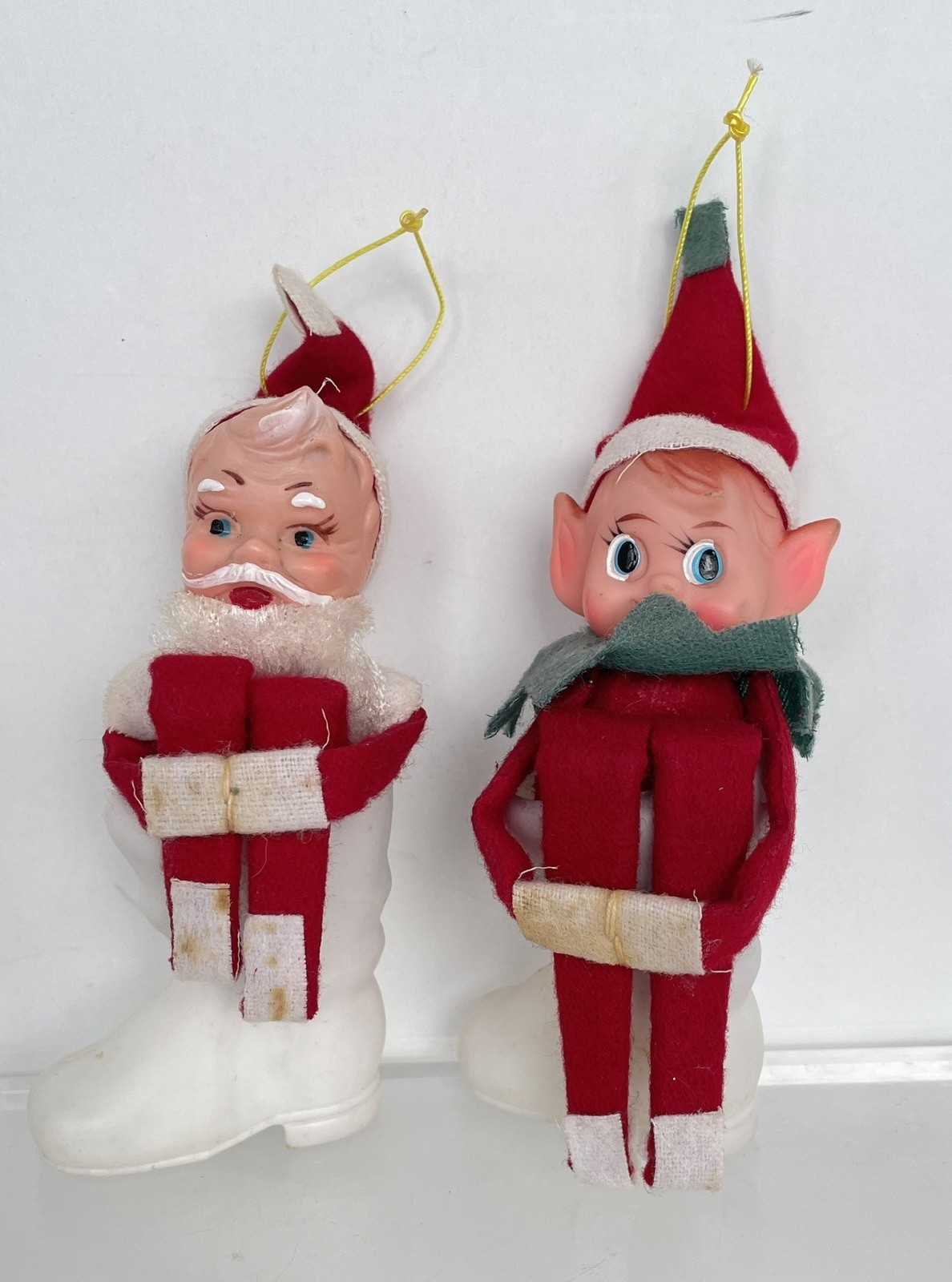 Lot 2 Vtg Santa & Elf Knee Hugger Sitting Plastic Boot Christmas Ornament Japan