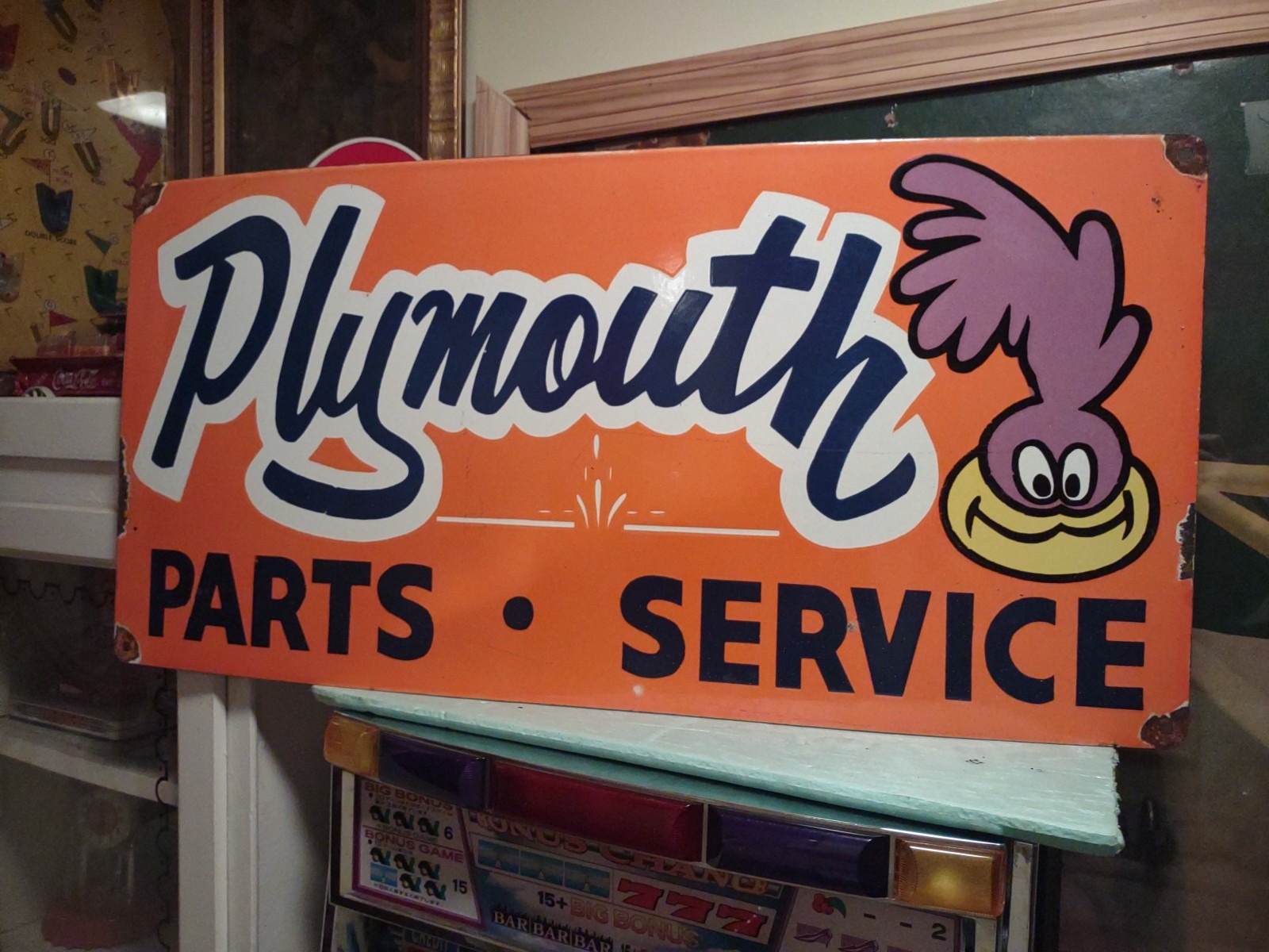 VINTAGE RARE LARGE PLYMOUTH SALES SERVICE STATION DEALER PORCELAIN METAL SIGN