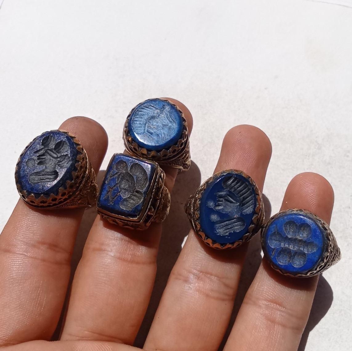Ancient Vintage bronze intaglio Victorian 5 Rings with Lapis Lazuli Stones