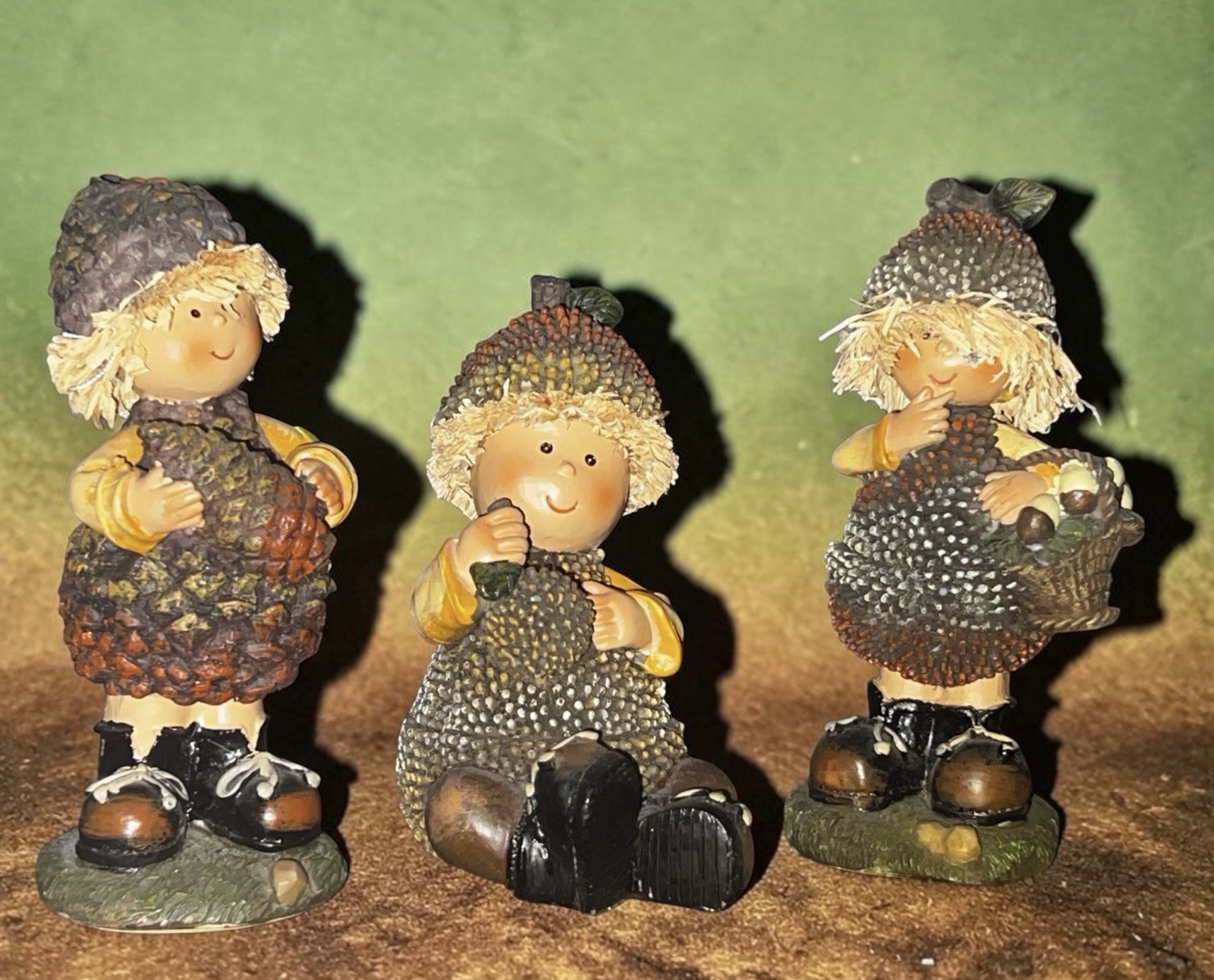 Vintage set of (3) Fall Decorations figures w/ acorn hats sweet harvest