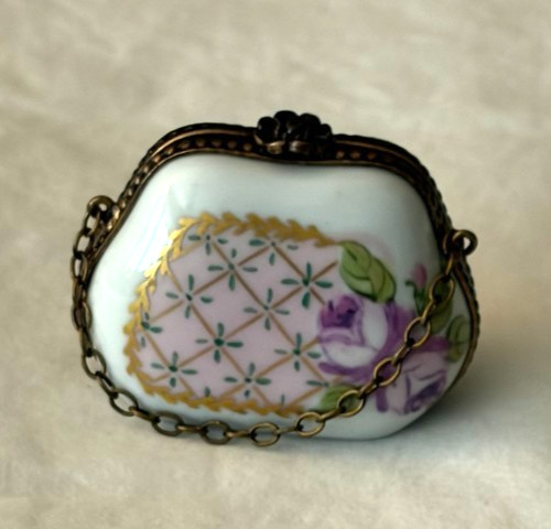 Vintage Limoges France Peint Hand Painted Porcelain Handbag Trinket Box