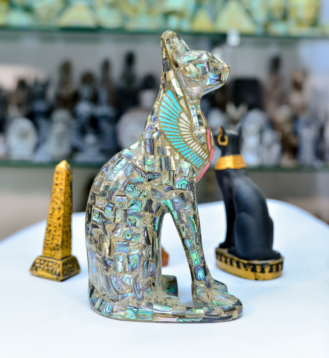 Unique Handmade Genuine Gemstone Bastet Cat Pharaonic Egyptian Statue