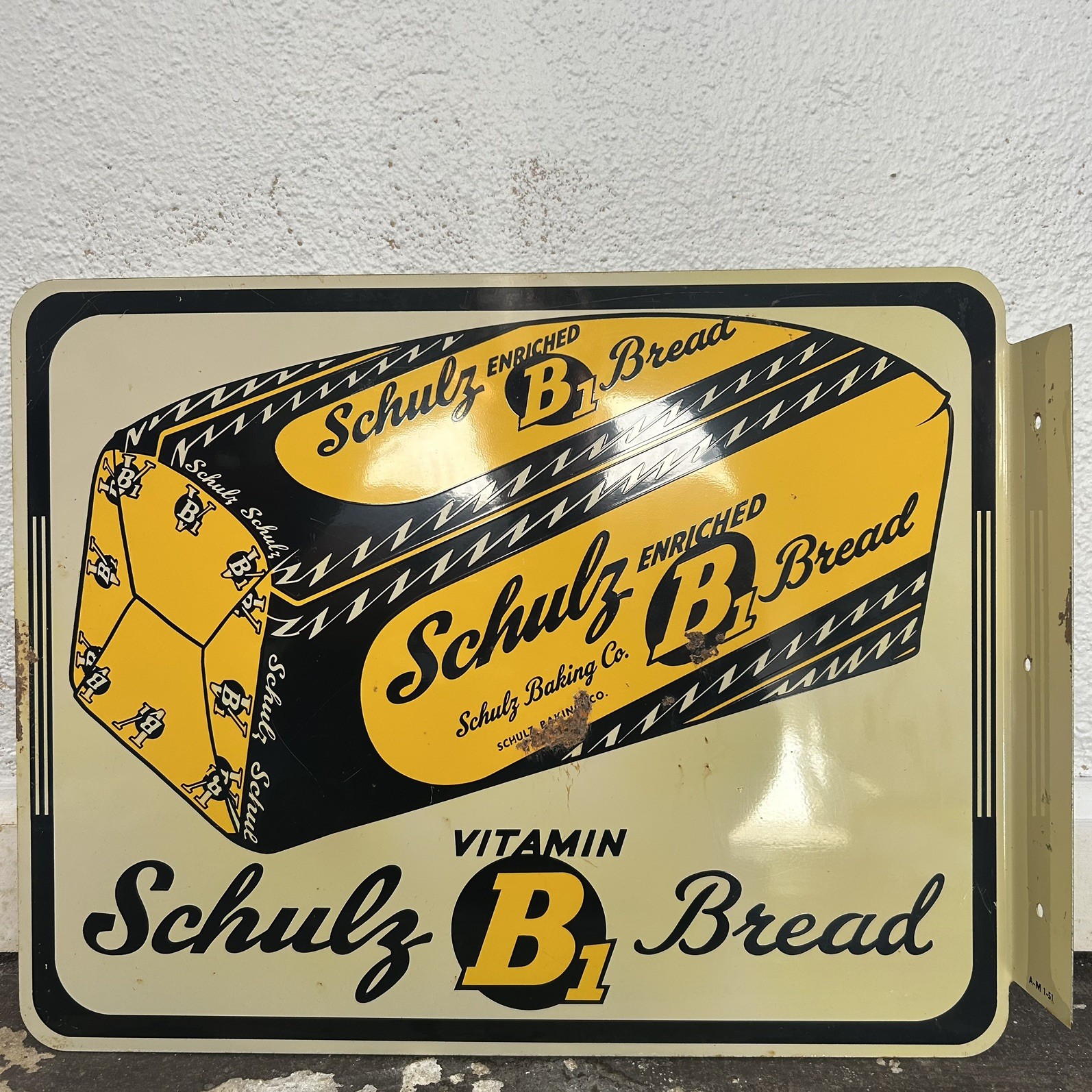 Vintage Schulz Enriched Bread Double Sided Flange Metal Grocery Sign