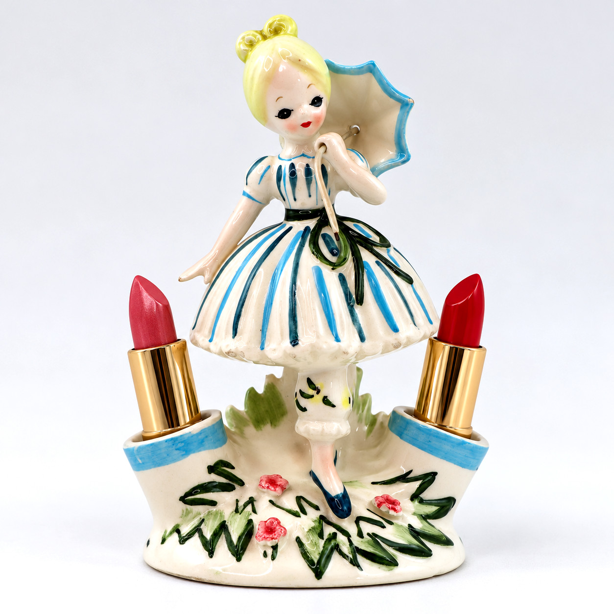 Vintage Japan ceramic Vanity Lipstick Holder Lady w/ Umbrella 1960s 6.5