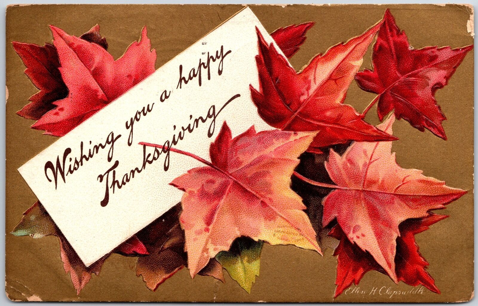 1909 Wishing You A Happy Thanksgiving Ivy Leaves Greetings Posted Postcard