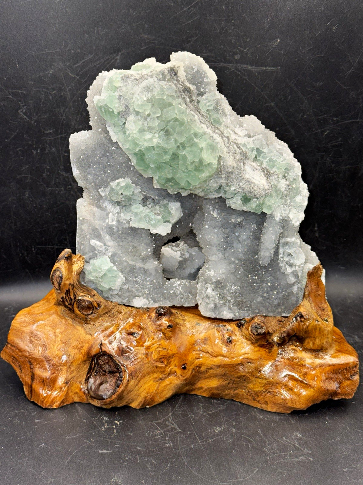 Large gorgeous fluorite specimen on custom wooden stand beautiful display #131