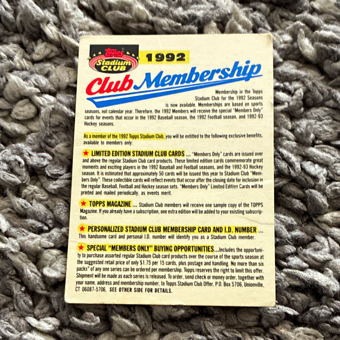 Topps 1992 Stadium Club Club Membership Insert Non-Sport Trading Card